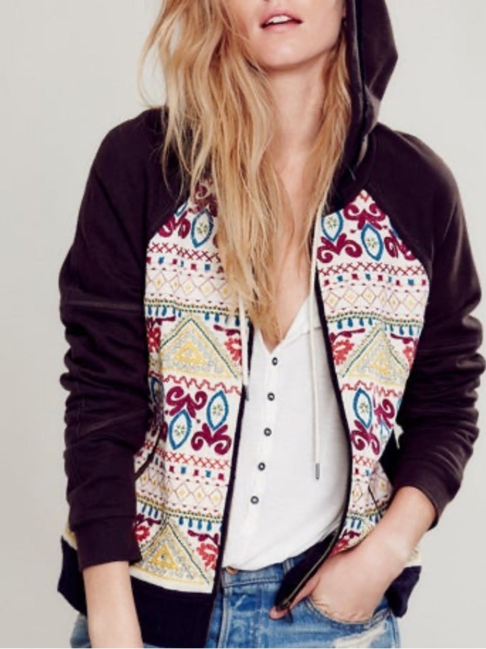 Free People Hoodie Womens M Brown Multicolor Aztec Embroidered Full Zip Boho